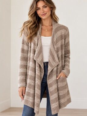 Barefoot Dreams CozyChic Lite Calypso Wrap Cardigan S/M Oatmeal Heathered Stripe
